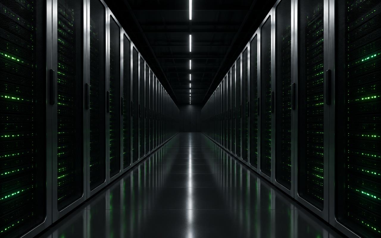 Next-generation AI data center aisle with green status lighting